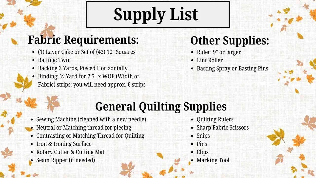 Supply List for One Layer Cake Quilt Tutorial