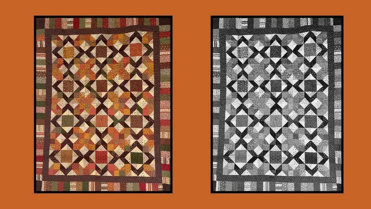 Scrap Quilt color and black and white comparison to show contrast of different colors