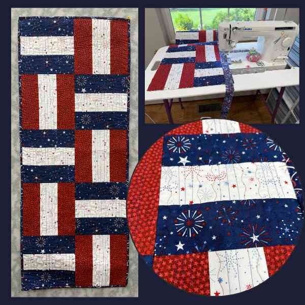 4th of July table runner and close up of quilting