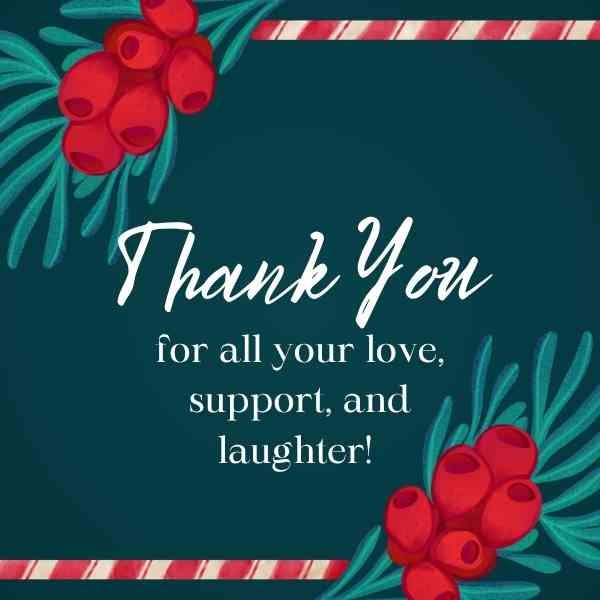 Thank you written on a holiday themed square.