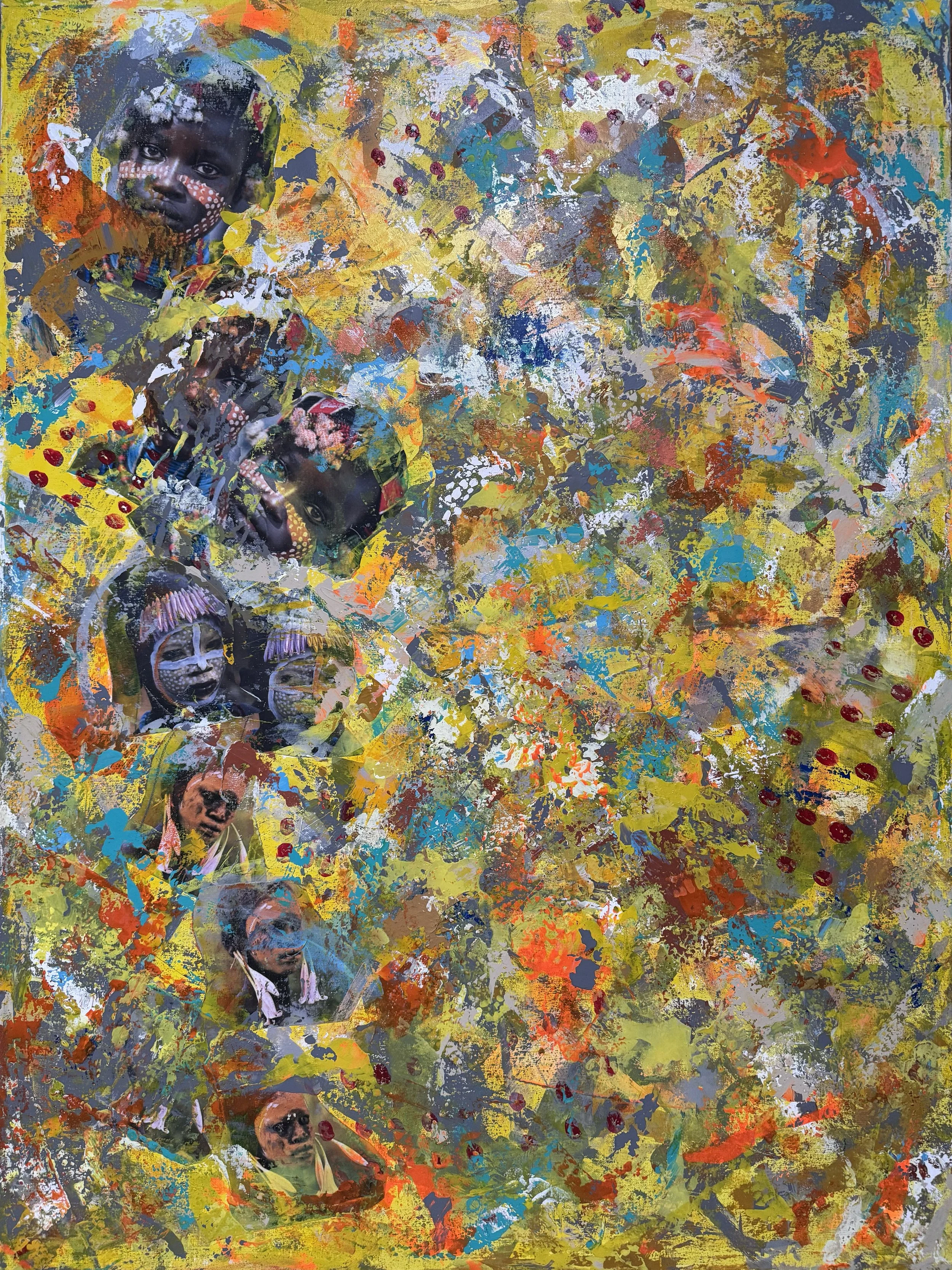CHILDREN IN YELLOW  - Multimedia, Paper Collage, Acrylic On Canvas 36x48