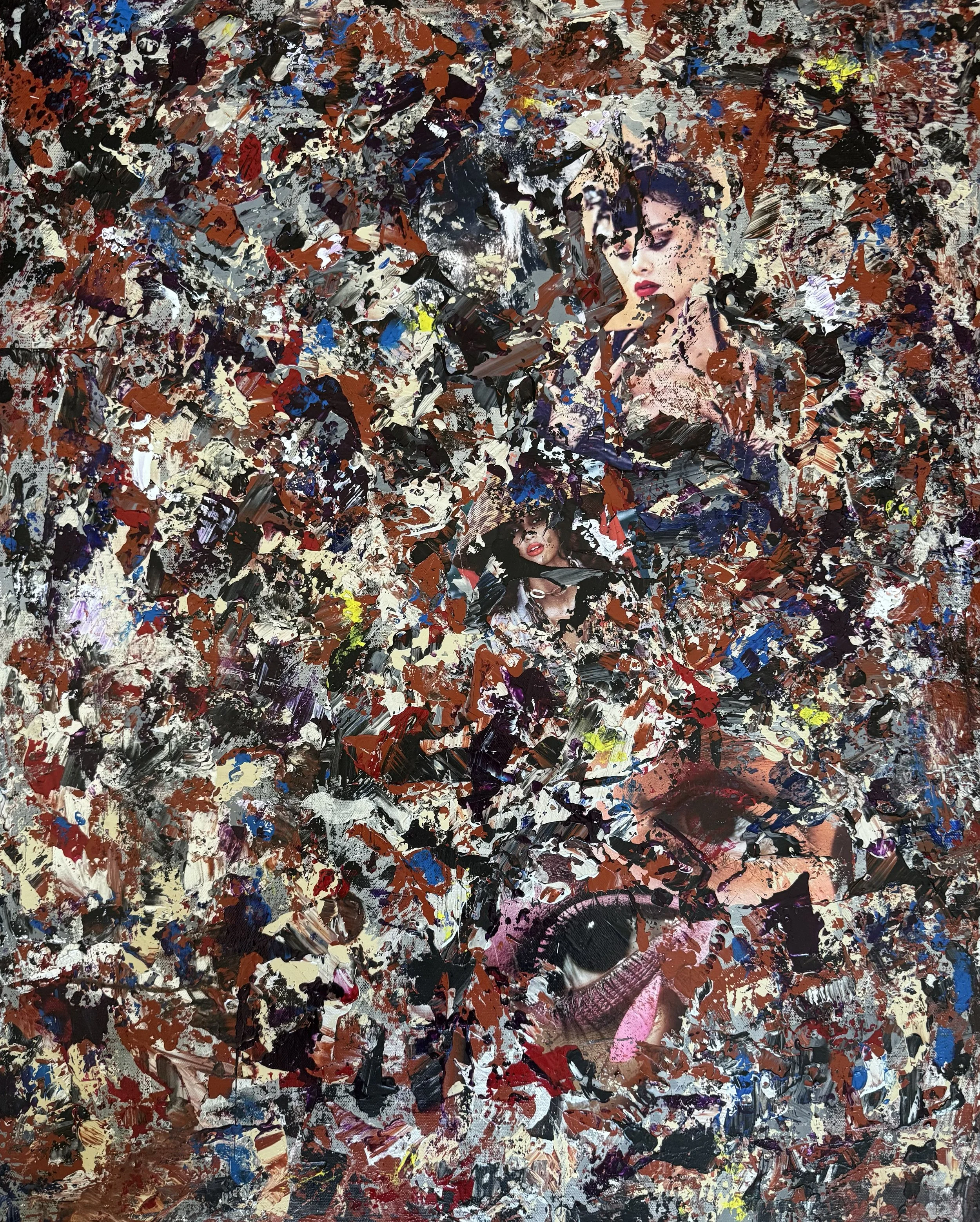 LOVE ON THE BRAIN  - Multimedia, Paper Collage, Acrylic On Canvas 36x48
