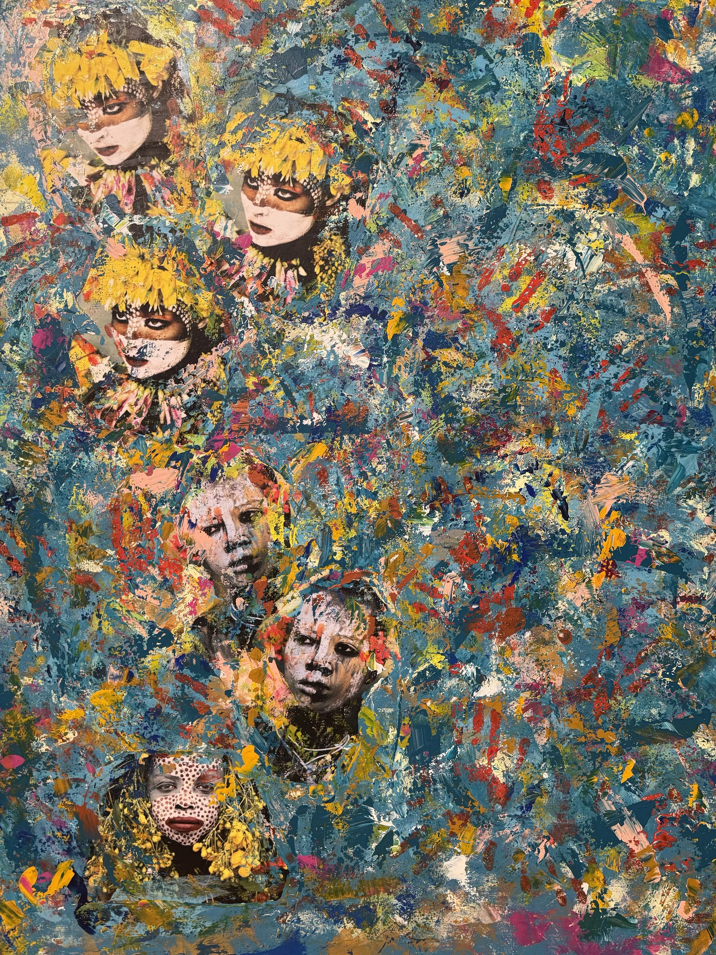 CHILDREN IN BLUE  - Multimedia, Paper Collage, Acrylic On Canvas 36x48