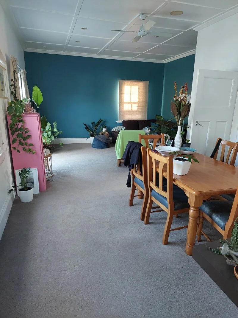Living and dining room with a blue accent wall, a wooden dining table with chairs, a black sofa, several potted plants, a pink cabinet, and a window with a beige shade.
