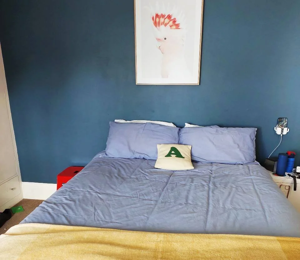 A neatly made bed with light purple sheets and pillowcases, a small pillow with a green letter 'A,' a bird-themed poster on a blue wall above the bed, a white nightstand with blue water bottles, a phone, and a charger, and a red bedside table on the 