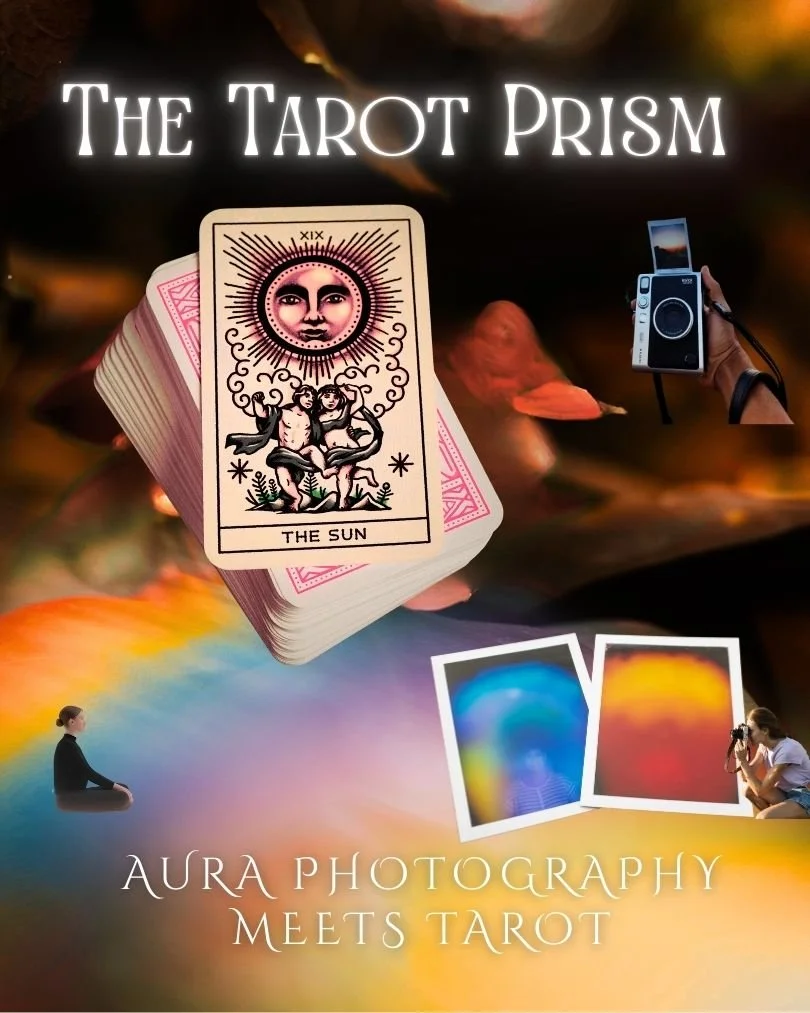 A colorful rainbow background. In the foreground, The Sun Tarot card, a woman getting her picture taken, a camera and two developed aura photos
