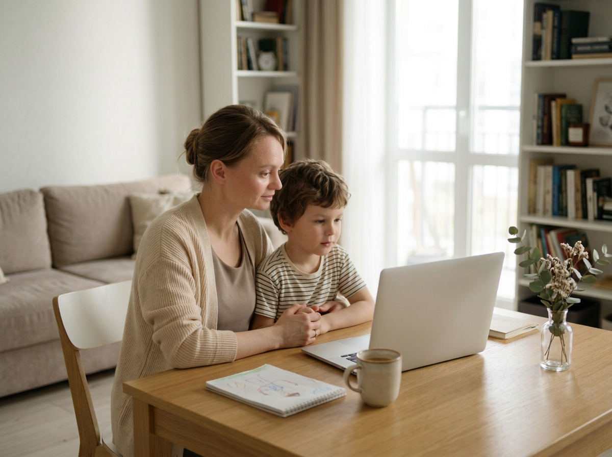 A child and mother at home during a telehealth session for NDIS funded occupational therapy