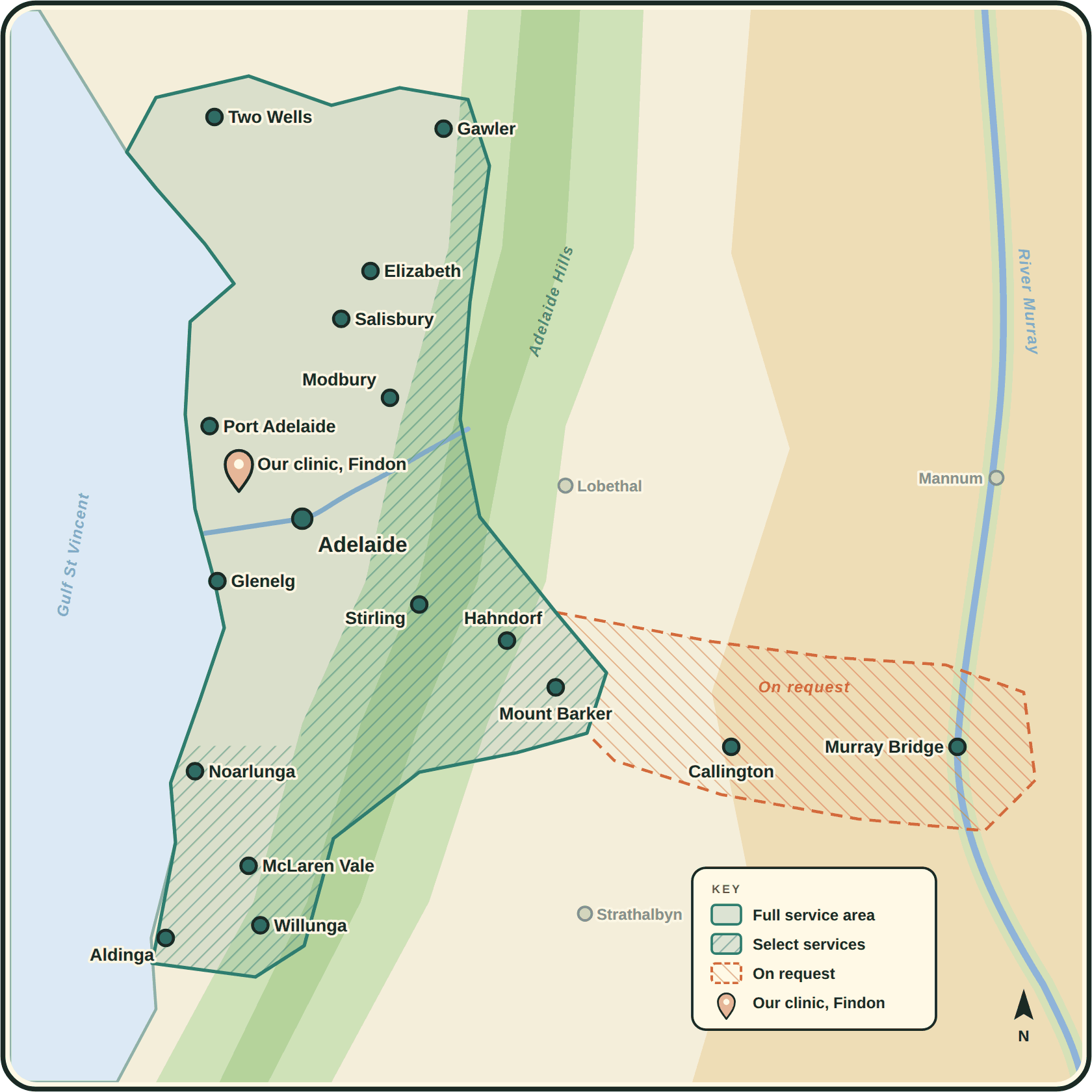 Custom map displaying the service area of Thrive Health Therapies clinicians