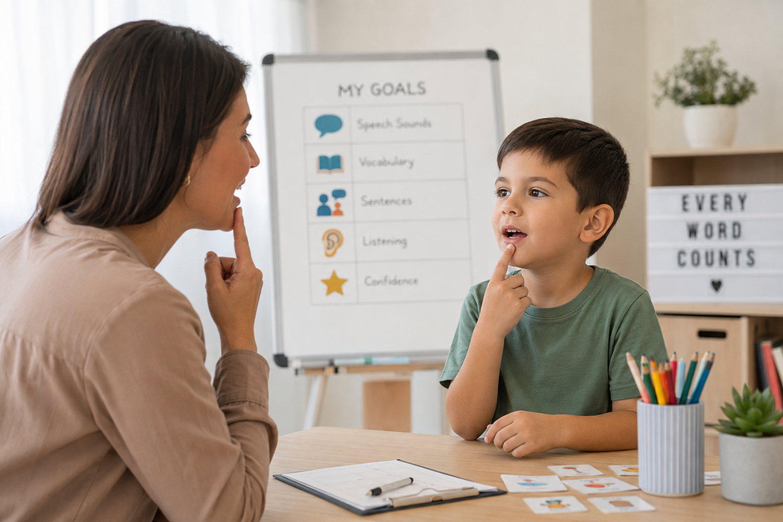 A speech pathologist teaching a child how to sound a word at school in Adelaide