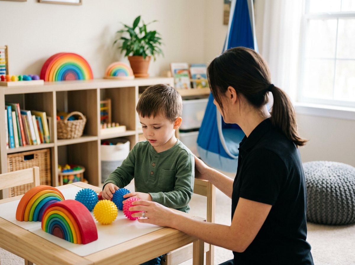 Child and therapist at school during childrens occupational therapy session using NDIS funding