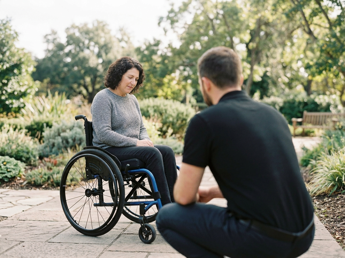 Client in wheelchair and therapist assisting during a NDIS assessment in the community