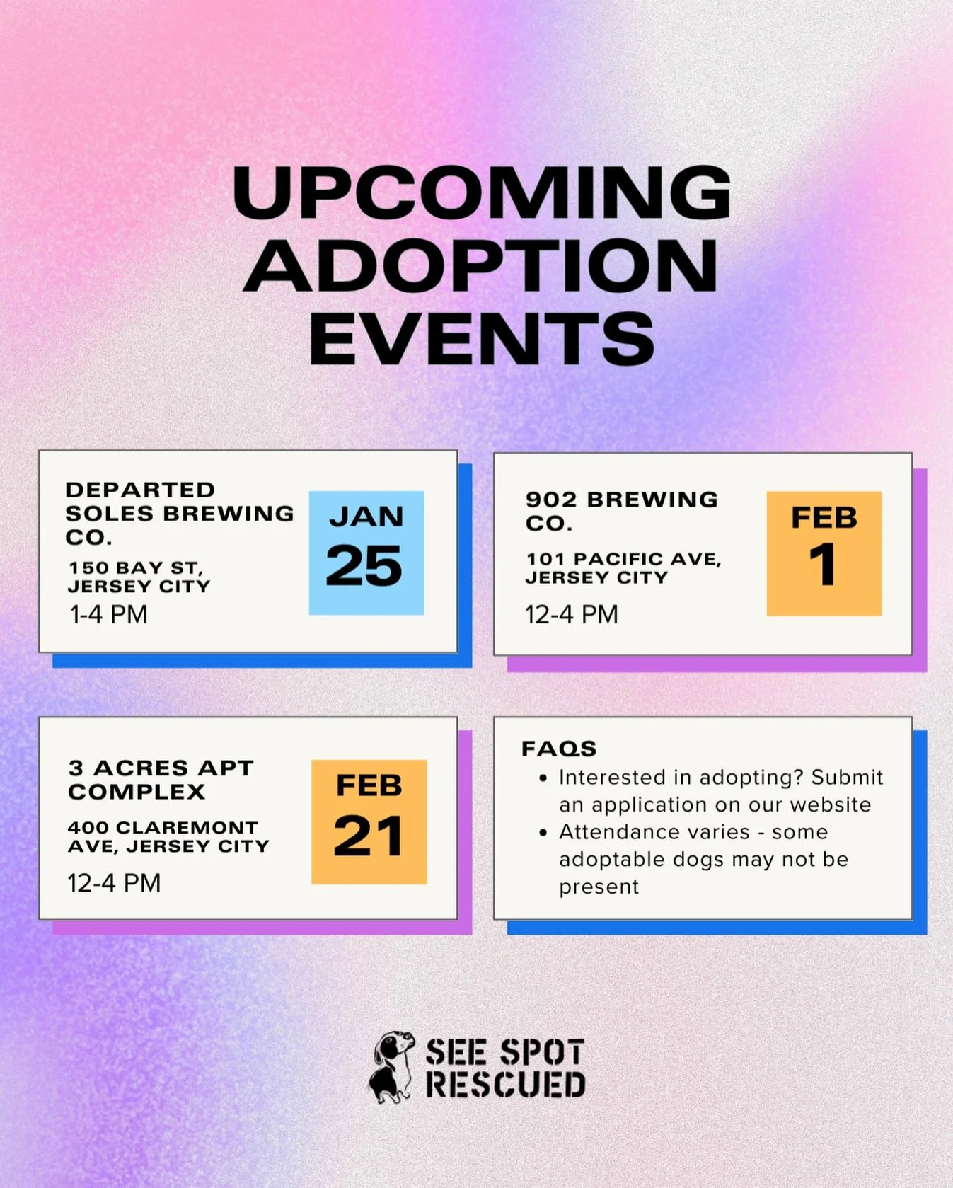 Your weekend plans just got better 🐶

Join us at our upcoming adoption events Whether you&rsquo;re ready to adopt, foster, or just want to support rescue dogs, we&rsquo;d love to see you!

Can&rsquo;t adopt? Fostering, volunteering, or sharing our p