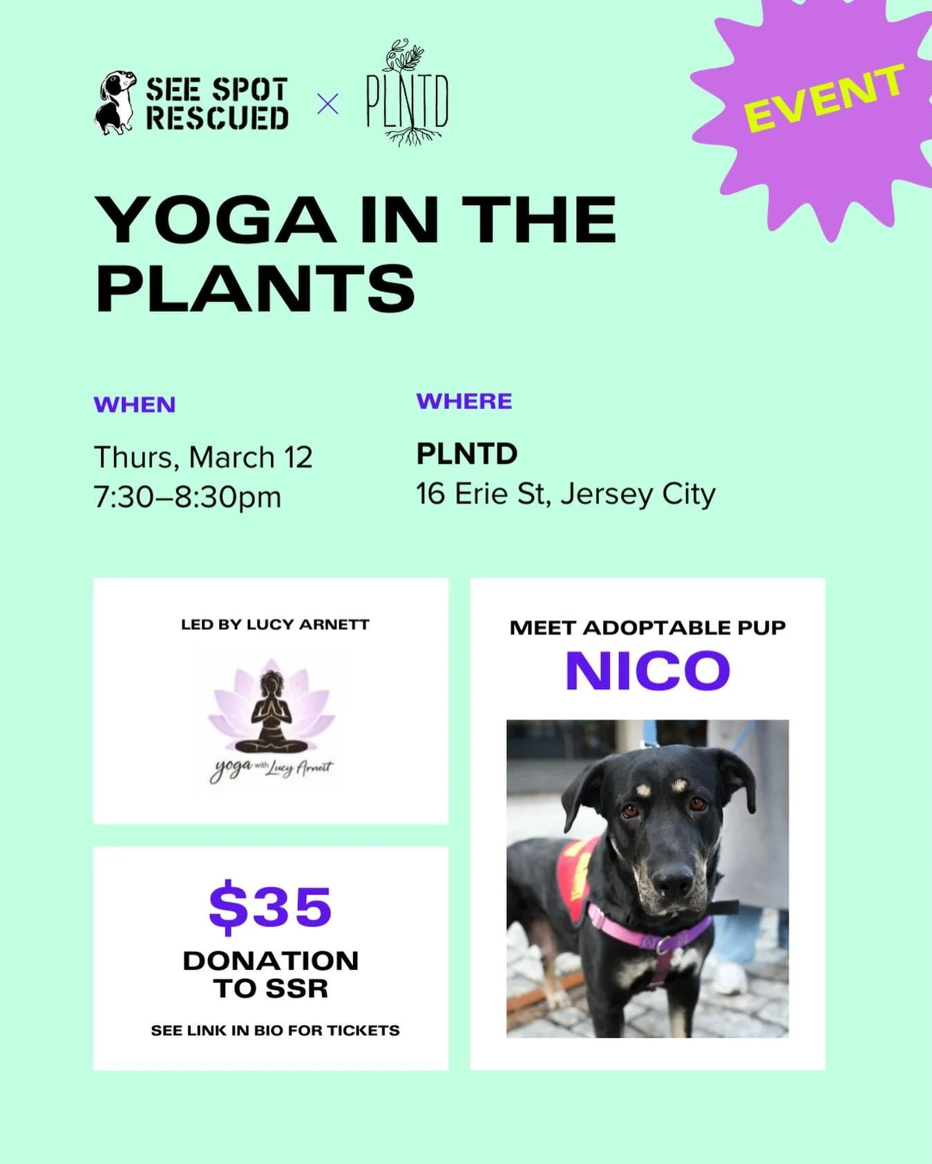 Join us at @plntdshop for a special Yoga in the Plants with an adoptable @seespotrescued pup:

📅 Thursday, 3/12
⏰ 7:30-8:30pm 
📍PLNTD at 16 Erie Street #jerseycity 
ℹ️ $35 donation to @seespotrescued 

Spend an hour flowing through a gentle yoga se