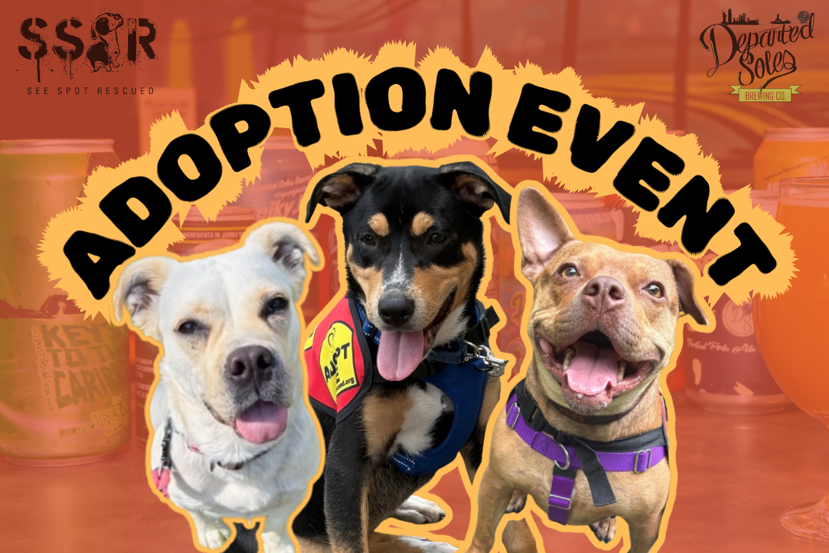 An orange-tinted photo of beer cans from Jersey City’s Departed Soles Brewing Company in the background of a photo of a trio of adoptable rescue dogs from See Spot Rescued, with the words ‘ADOPTION EVENT’ in all caps floating above them
