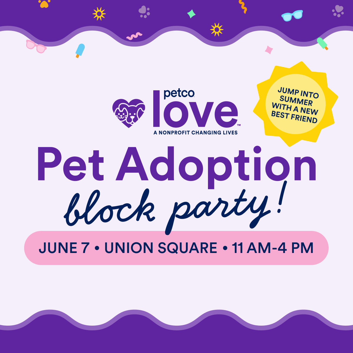 A purple and pink flyer advertising the Petco Love adoption event 2026, where you can join See Spot Rescued there on June 7 — adopt dogs, volunteer to foster, enter raffles for pet goodies, and more