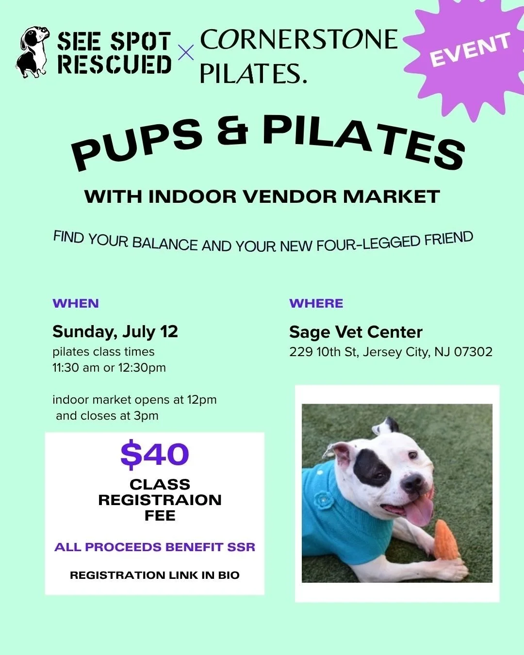 A mint green flyer showing information for a puppy pilates event held by See Spot Rescued and Cornerstone Pilates in Jersey City