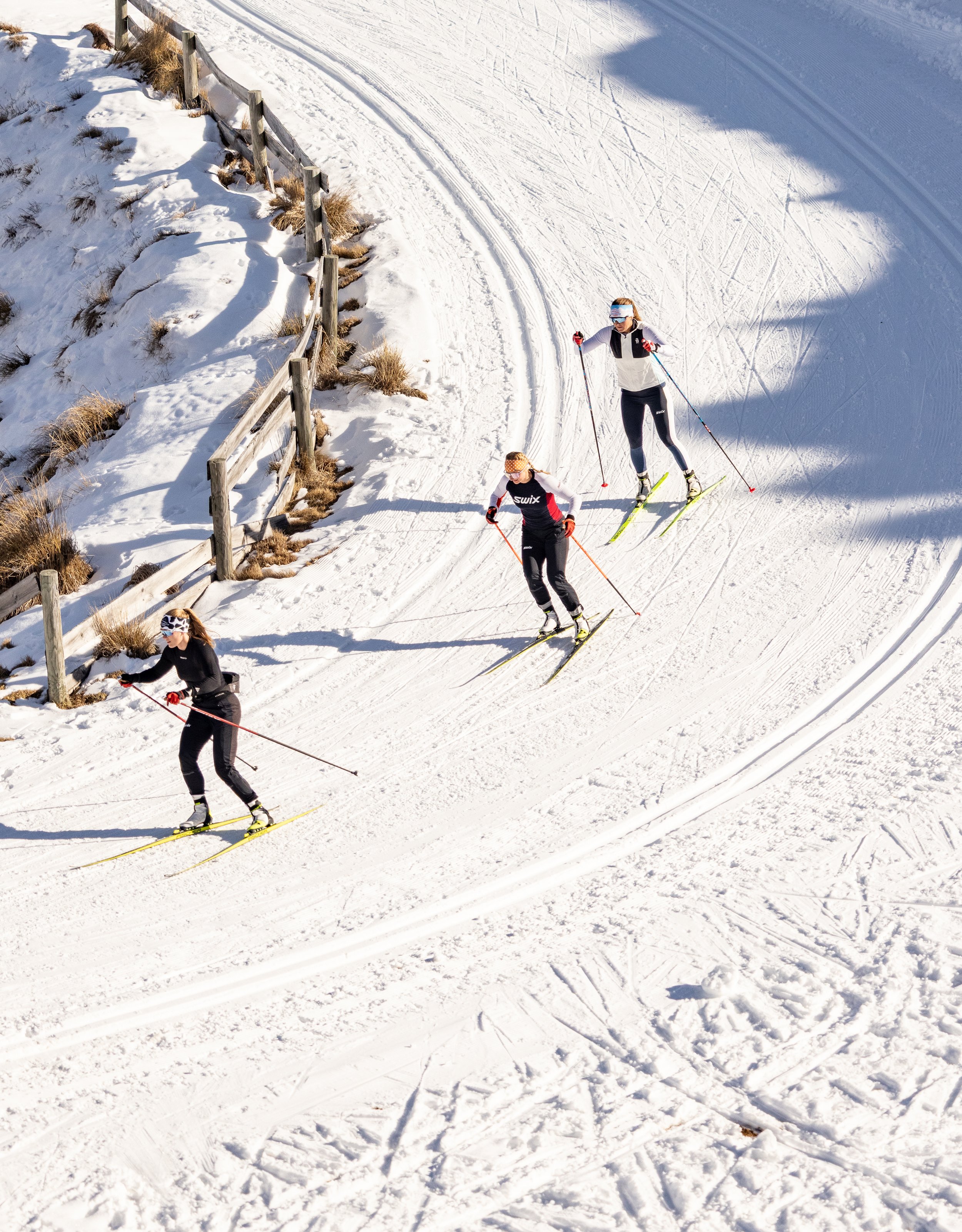 Group of cross-country skiers in winter gear on a snowy trail, some wearing sunglasses or goggles.