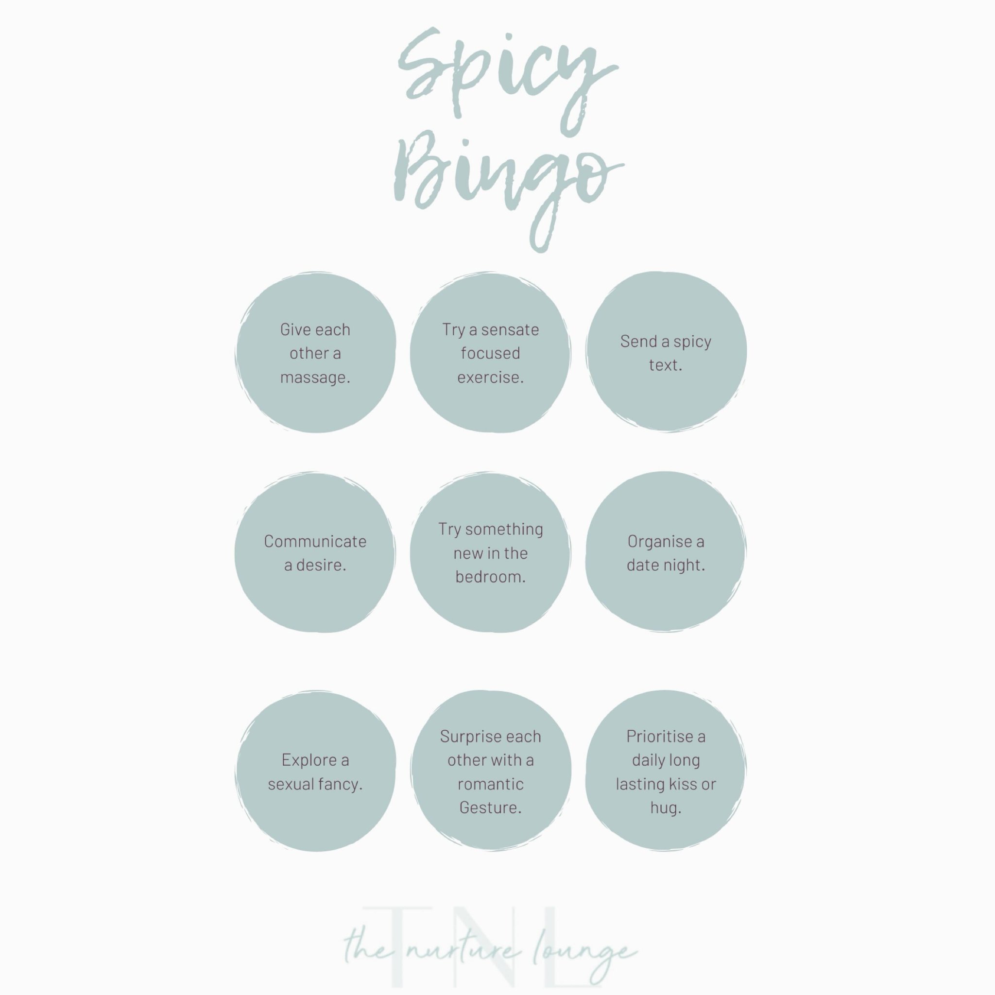 | Spicy Bingo 🌶️ |

We have a new proposal for you from our psychologist.
With a new month about to start &amp; an extra long weekend to look forward too. 
We challenge you &amp; your partner to save this for later.
Playing Bingo together is a fun w