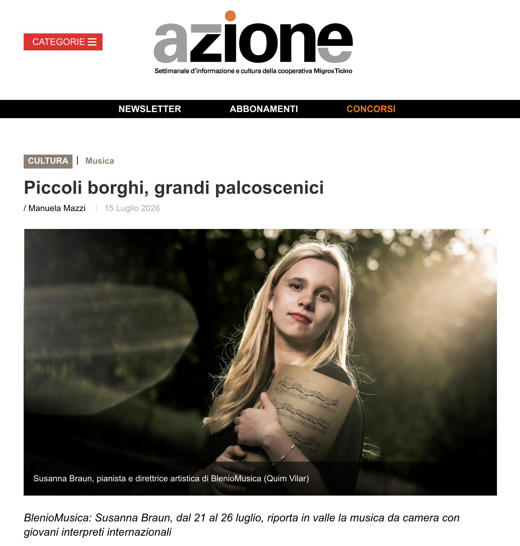 Pianist Susanna Braun interview at Azione, Settimanale di Migros Ticino