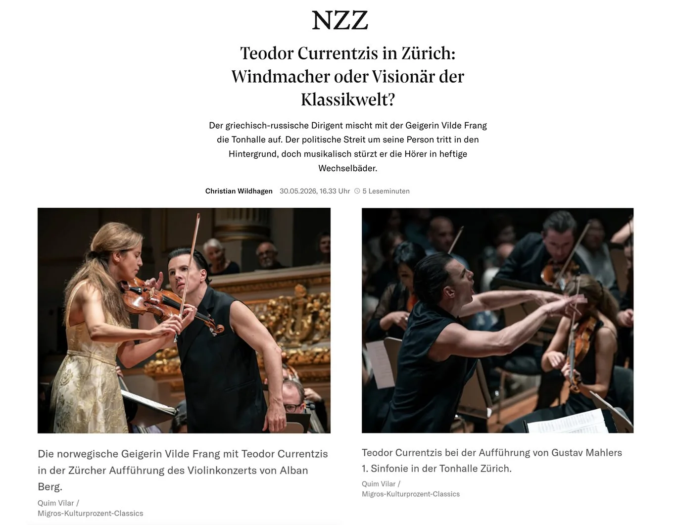 NZZ Newspaper - Utopia Orchestra, Teodor Currentzis & Vilde Frang at Tonhalle Zurich - May 2026