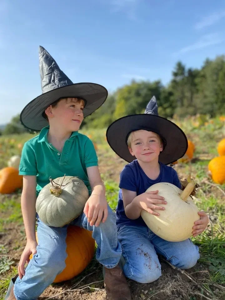 Two young boys dressed as witches with pointy hats sitting in a pumpkin patch, each holding a gourd.
