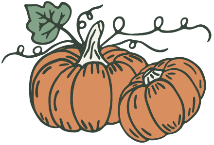Two pumpkins with green leaves and vine.