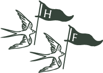 Black line drawing of a bird with two flags marked H and F