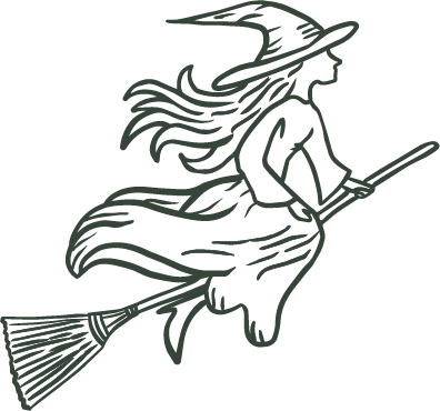 A witch flying on a broomstick with her hat and dress flowing in the wind.