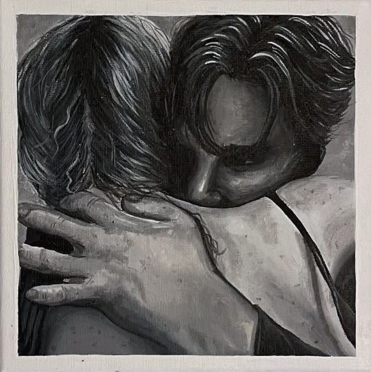 Black and white painting of two people embracing closely, with one person's face partially visible and the other person's face obscured, showcasing an intimate moment.