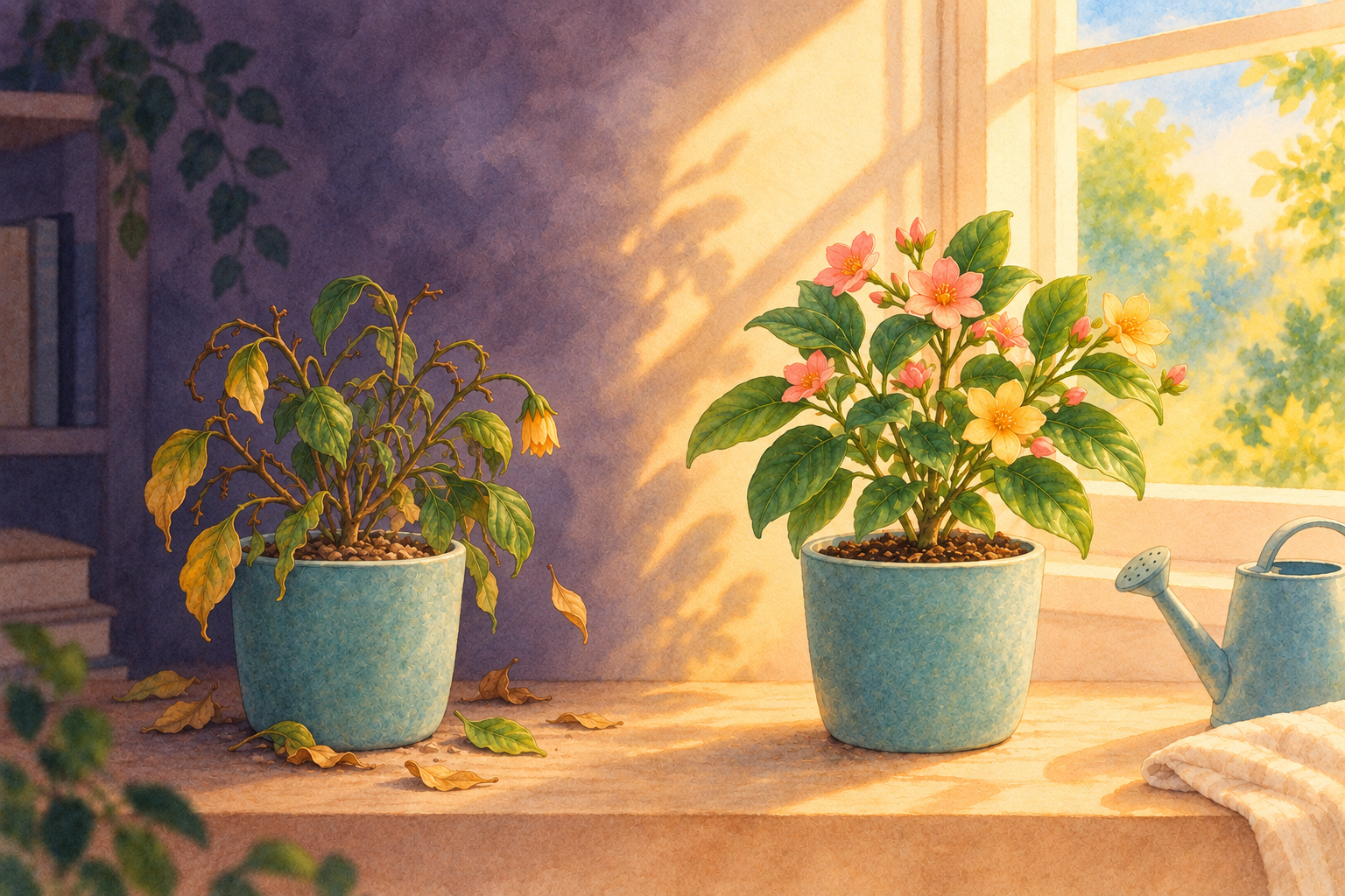 A wilting plant in purple shade beside a flowering plant receiving sunlight and care.