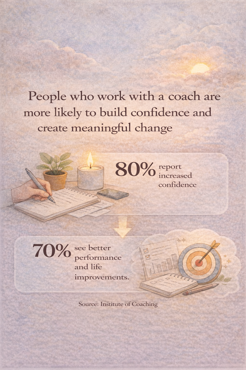 Illustrated coaching statistics shown with a notebook, candle, and plant.