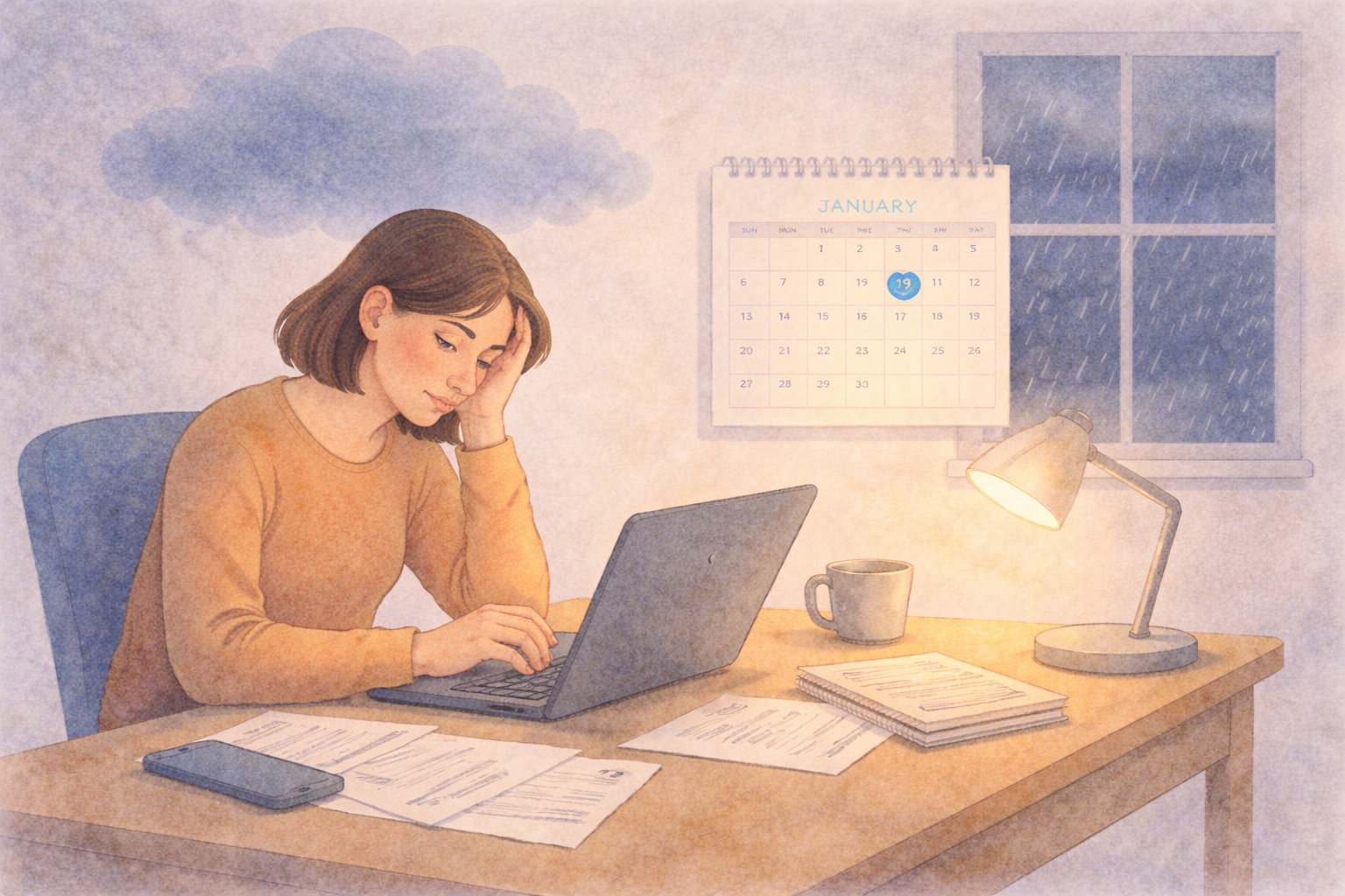Person working at a desk under a soft cloud, with rain outside and a January calendar on the wall.