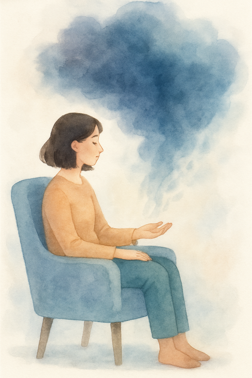 Woman seated. calmly noticing a dark worry cloud and letting it pass.
