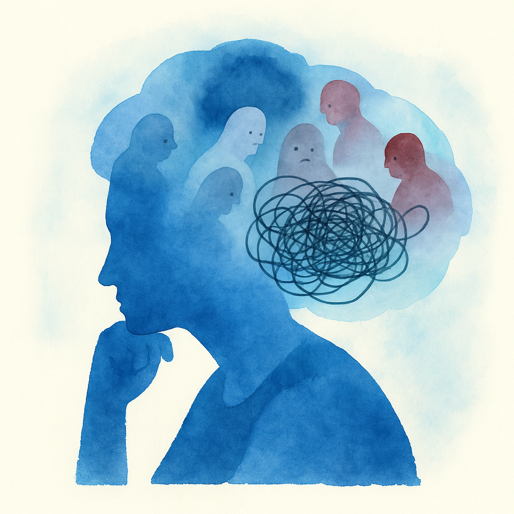 Silhouette with tangled thoughts and inner voices. nod to saboteurs.