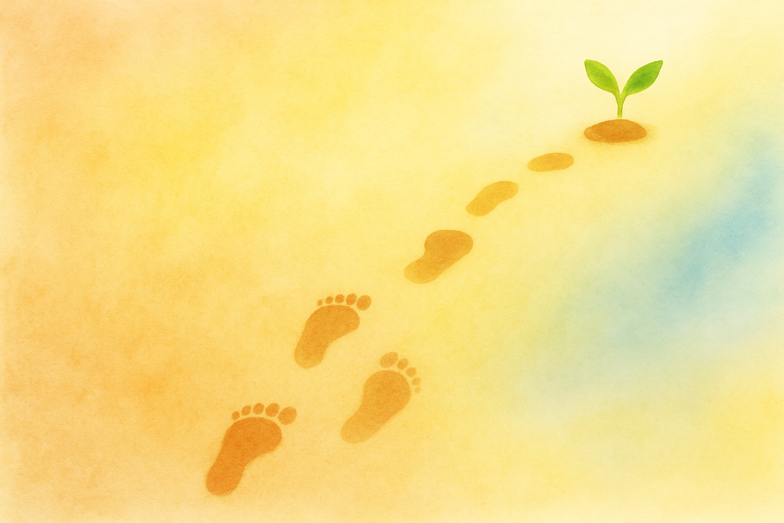 Footprints towards a small green sprout. tiny steps that build momentum.