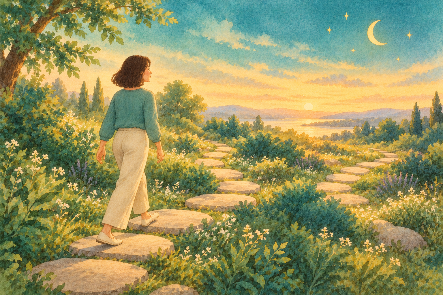 A woman taking a small step along a garden path of stepping stones.