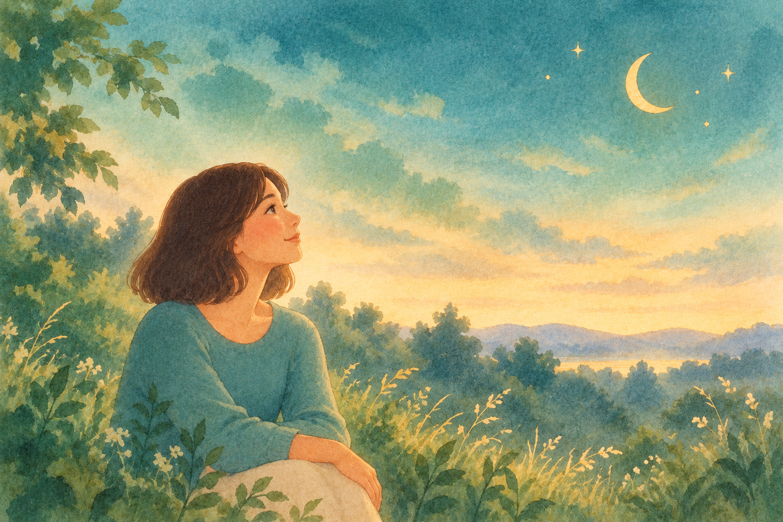 Watercolour illustration of a woman looking towards a gold crescent moon in a peaceful garden.