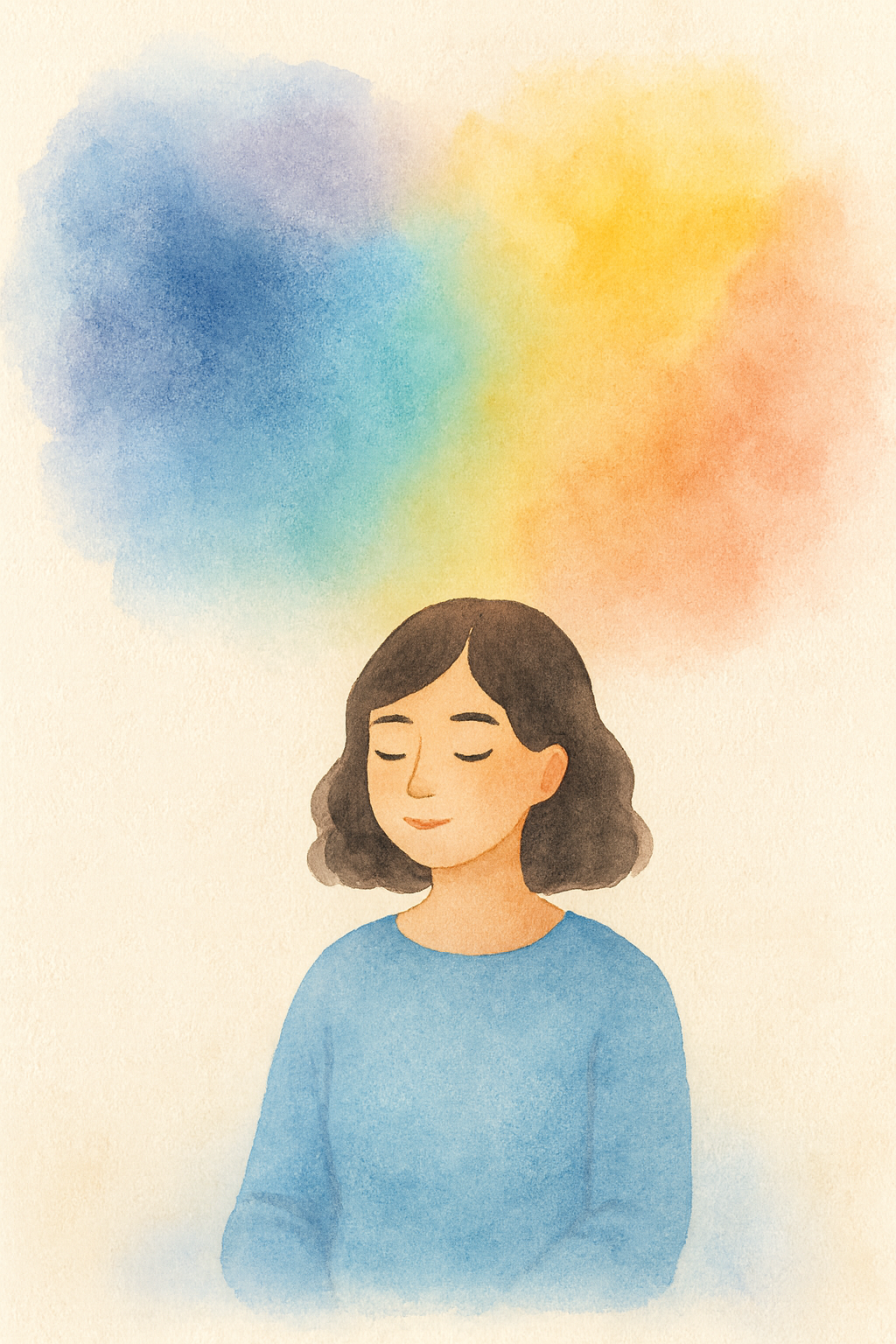 Woman at ease. warm colours overhead. shift from self-doubt to calm.