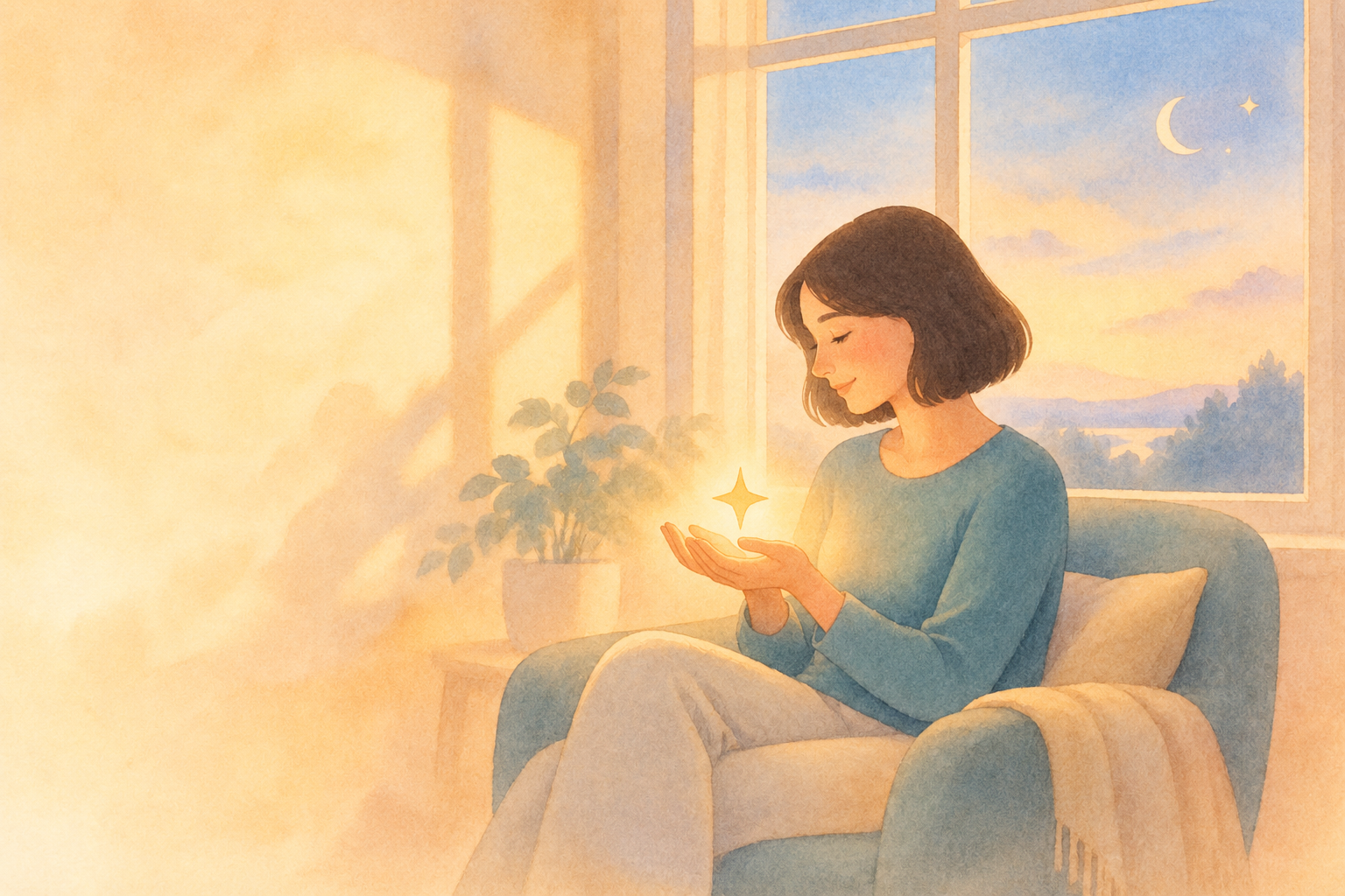 A woman holding a glowing gold star while sitting beside a window.