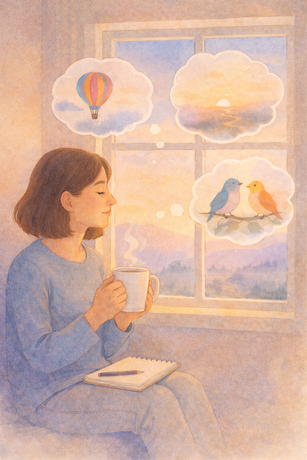 Person sitting by a window with a warm drink, quietly reflecting as gentle ideas drift outside.