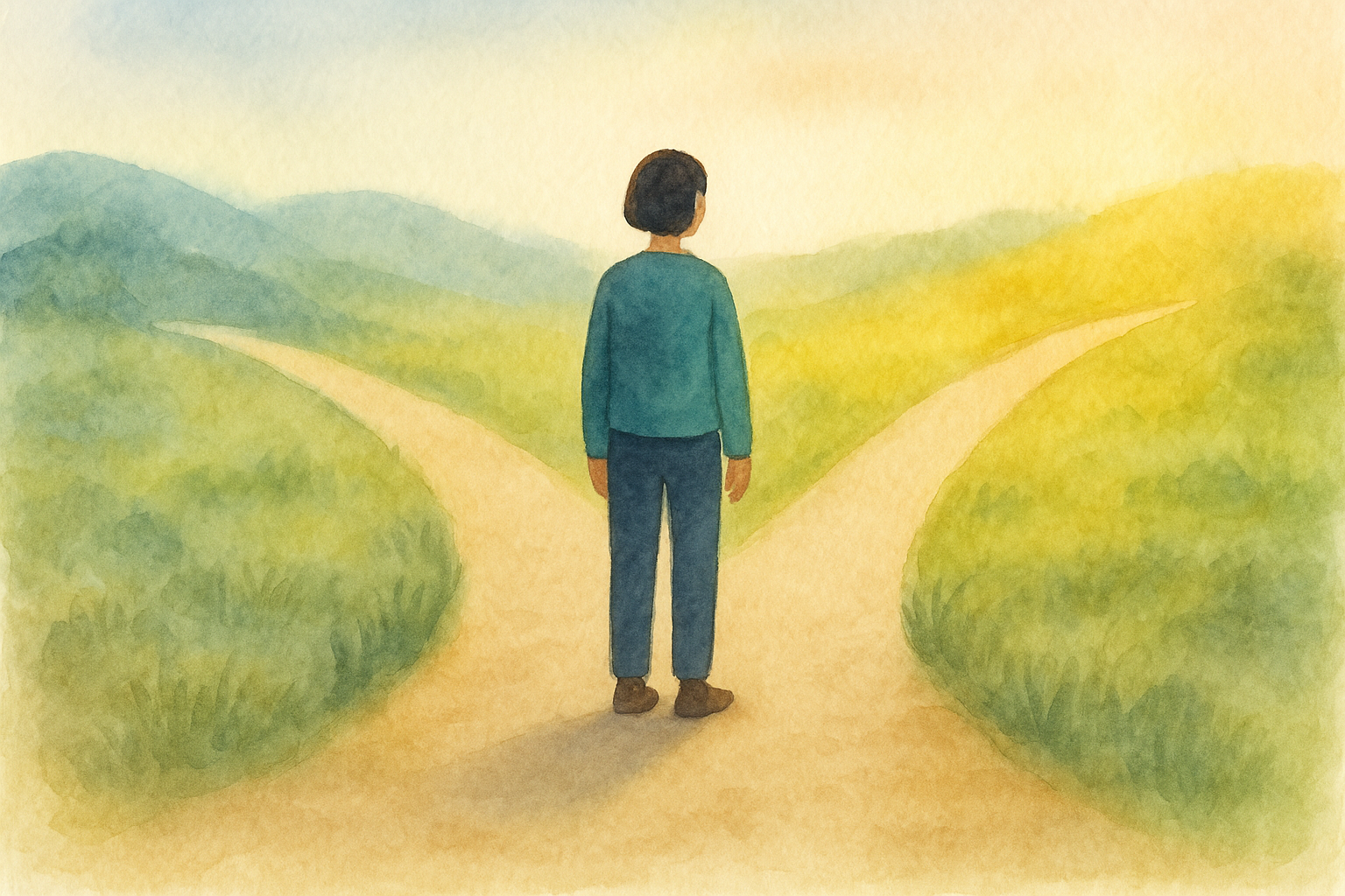 Person at a fork in the path. choosing a kinder next step.