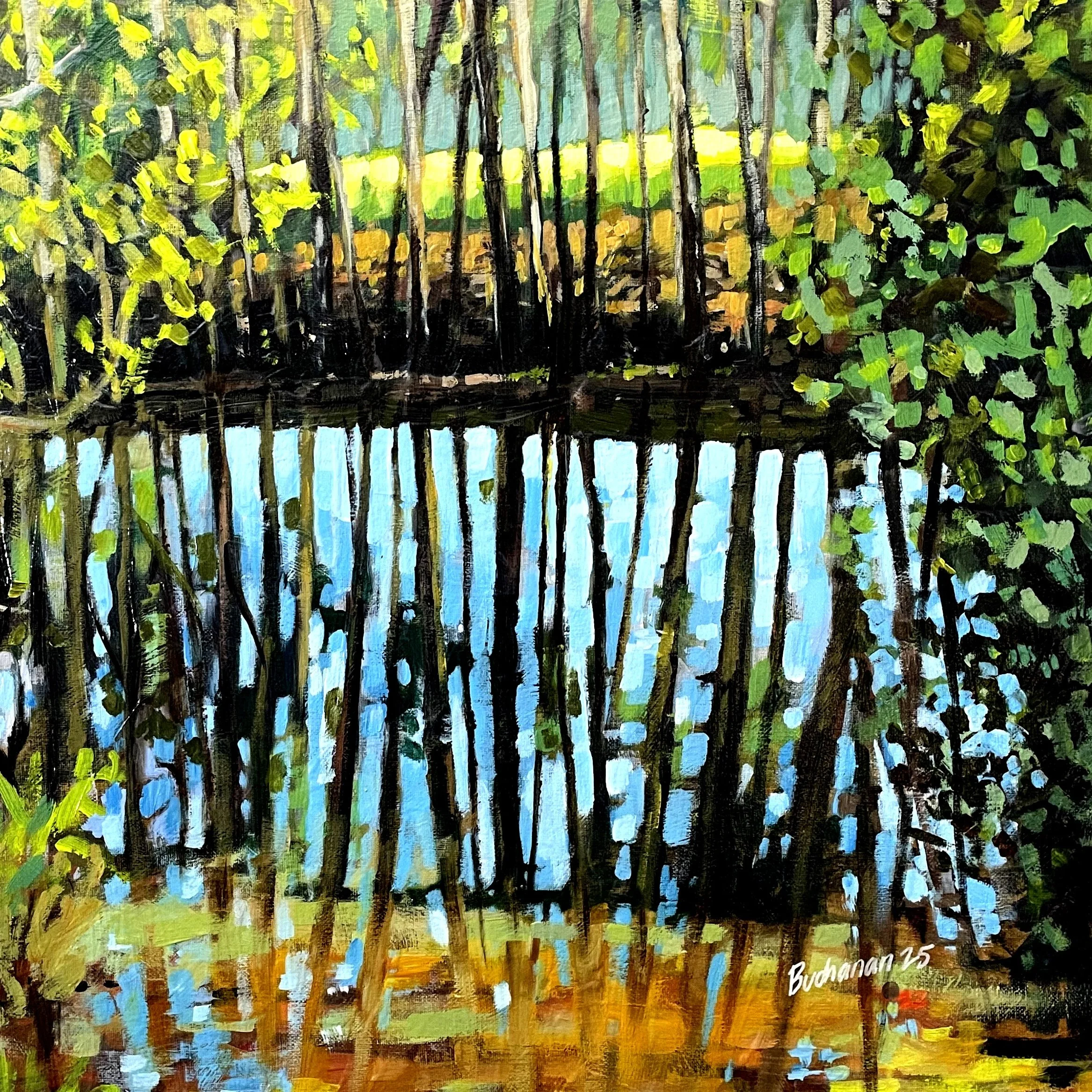 SOLD, Where Ducks Go To Reflect, 2025, acrylic on canvas, 50x50cm.