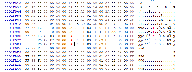 P59 PCM binary showing modified voltage enable bytes highlighted at address 0001F9B0