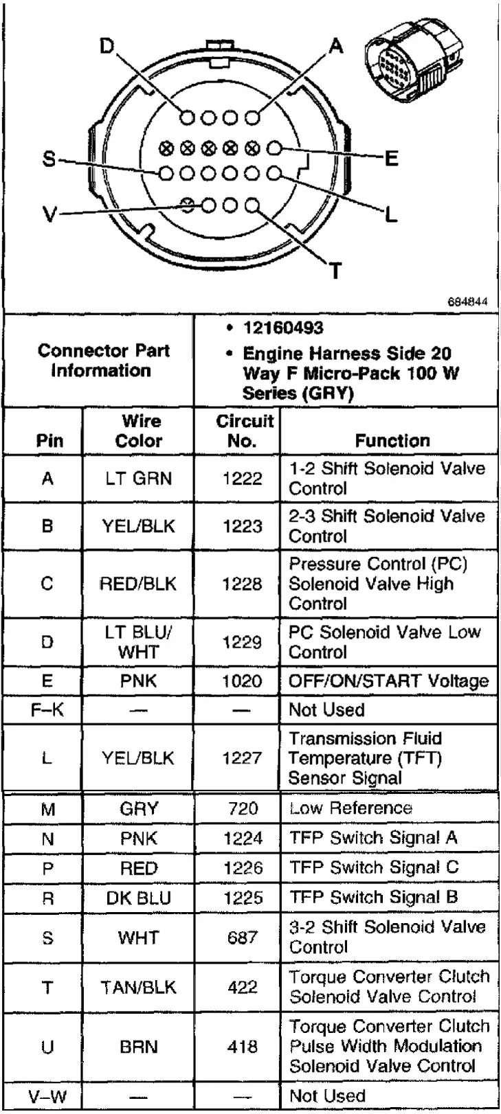 GM 4L60E transmission connector wiring diagram and pinout chart, detailing circuit numbers, wire colors, and terminal functions for the 20-way Micro-Pack 100W plug.