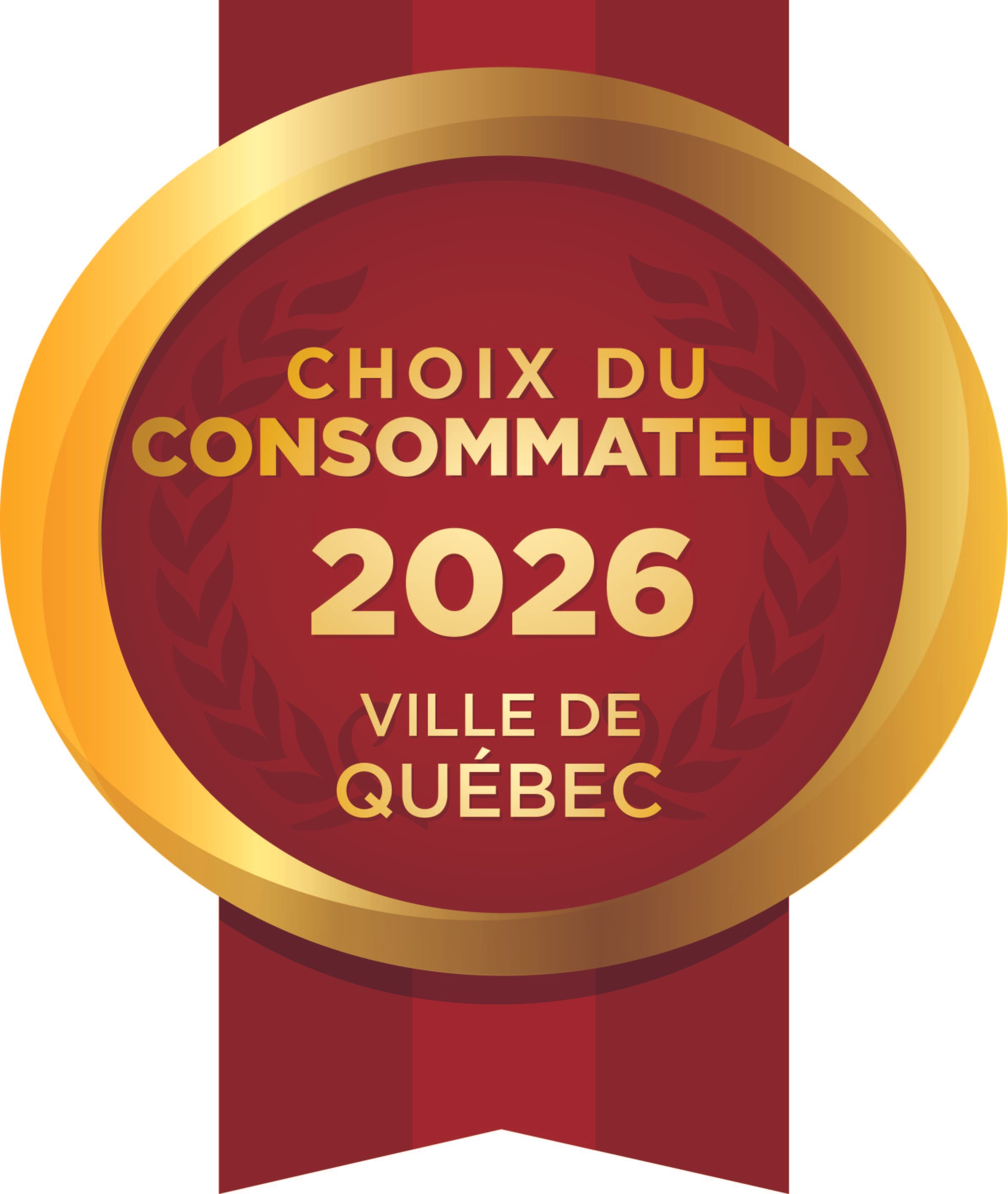 Certificat ou diplôme avec texte en français reconnaissant le choix du consommateur pour l'année 2026 dans la ville de Québec, avec des éléments graphiques en rouge, or et jaune.