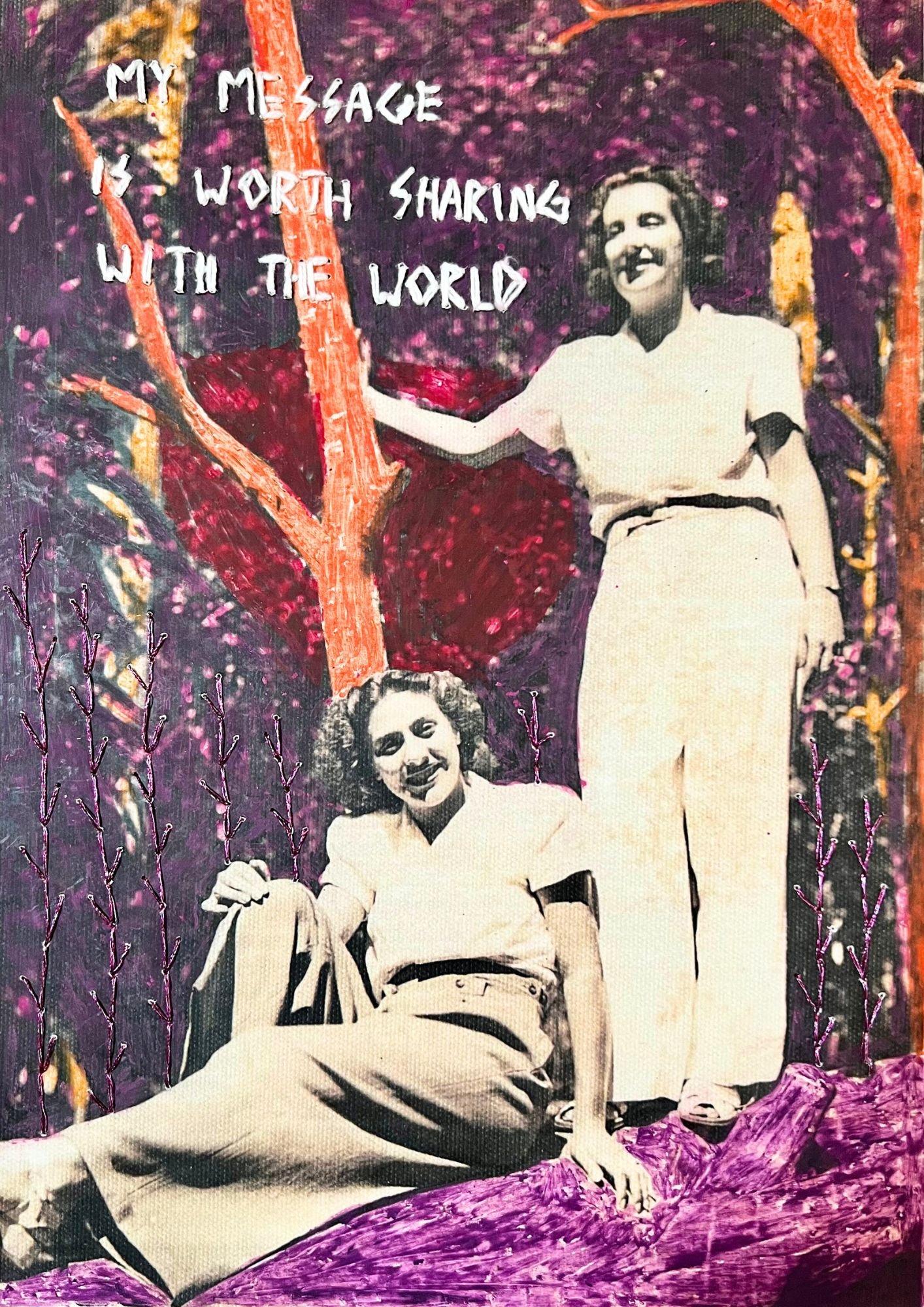 My Message is Worth Sharing, 2024 | 8.27" x 11.69" in | 21x29.7 cm
Embroidery and oil pastels on photo impression