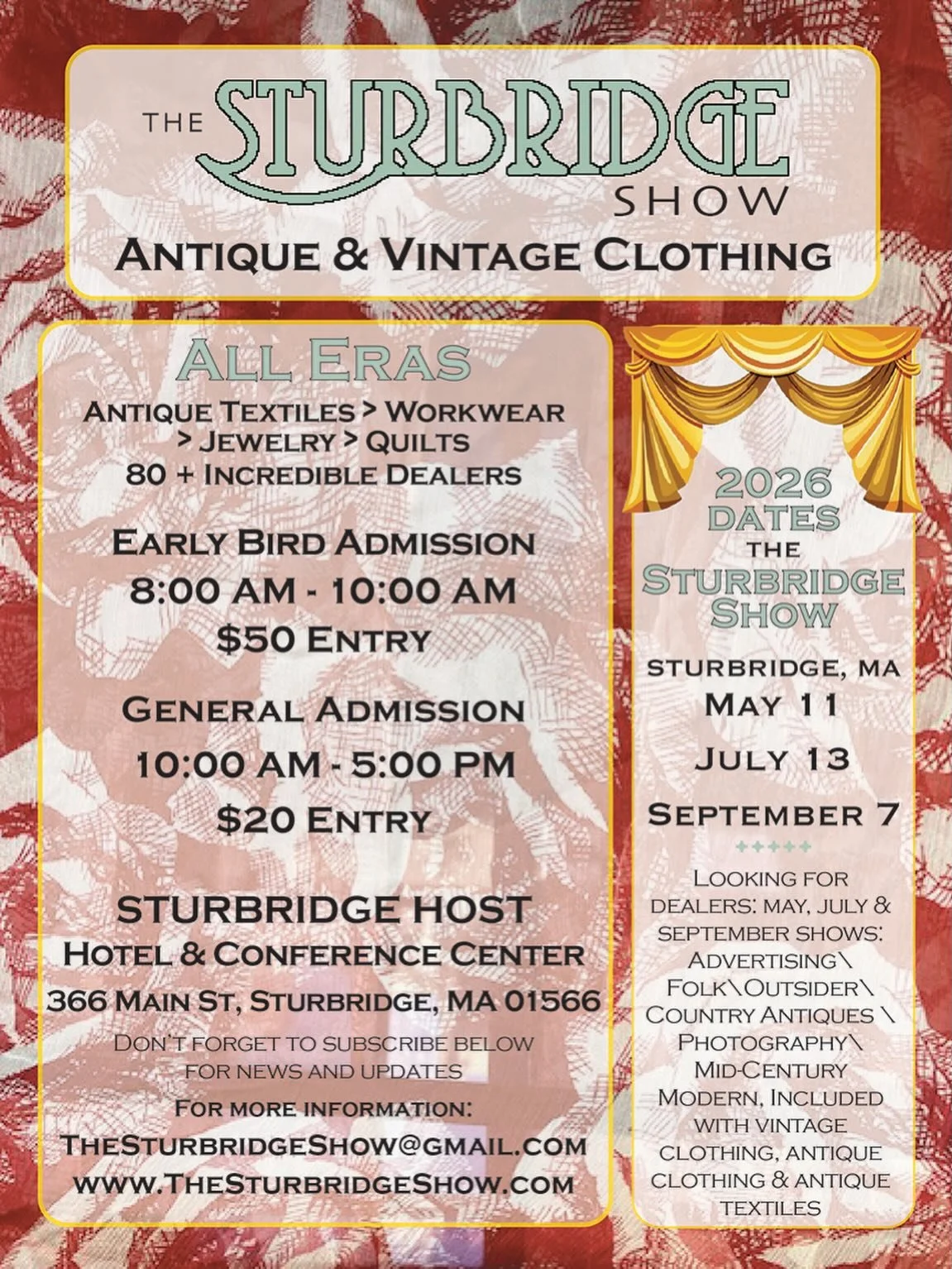 ✨ Monday, MAY 11 is just around the corner ✨

The Sturbridge Show in Sturbridge, MA kicks off Brimfield Week three times a year > May, July &amp; September with a 40 year history of exhibiting the very best in antique textiles, clothing &amp; jewe