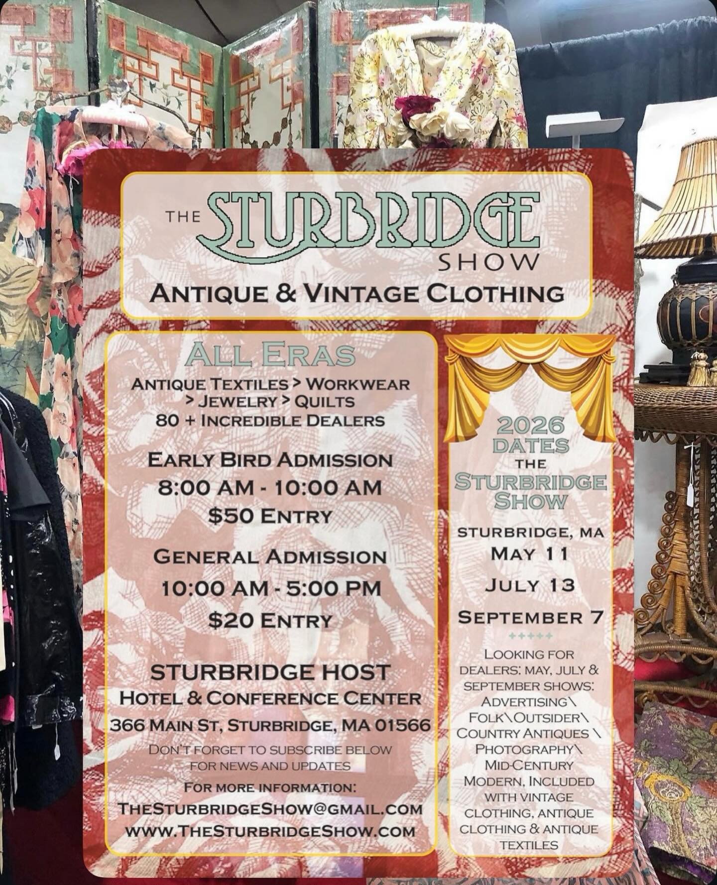 The Sturbridge Show ✨ upcoming: Monday, MAY 11

Visit 80 of the very best dealers in Antique &amp; Vintage textiles and clothing on May 11, July 13 &amp; September 7, 2026.

Categories include: antique quilts, lace, linens, antique clothing, vintage 