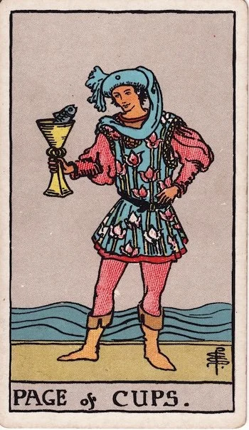 Page of Cups tarot card showing a young figure in a floral tunic standing at the ocean’s edge, holding a cup from which a small fish emerges
