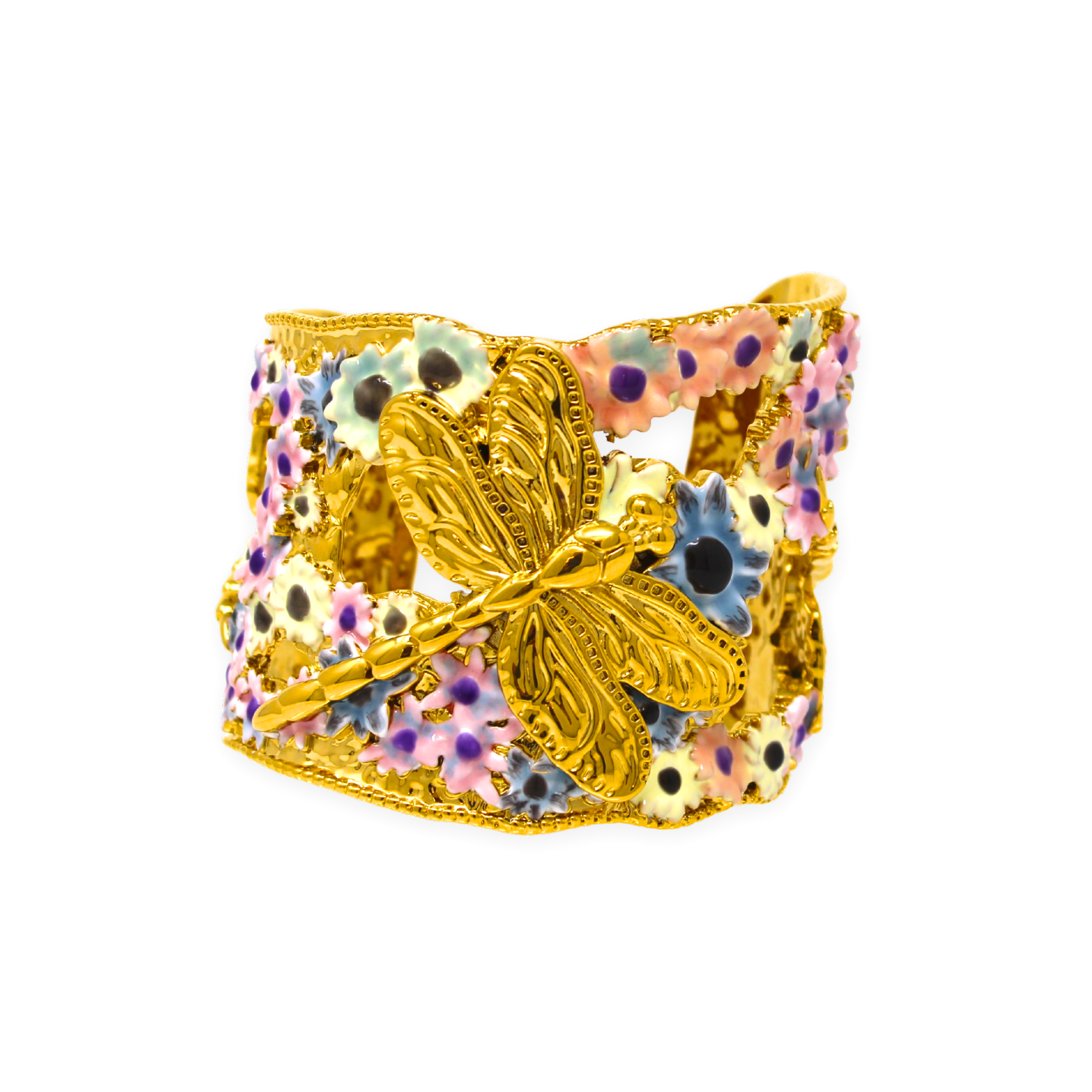 A colorful, ornate gold cuff bracelet featuring a large gold dragonfly with detailed wings, surrounded by pastel-colored enamel flowers with pastel accents, set against a plain white background.